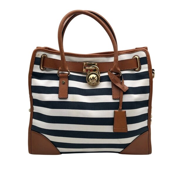 Michael Kors Navy Blue & White Striped Canvas Hamilton Tote Bag - Picture 1 of 11